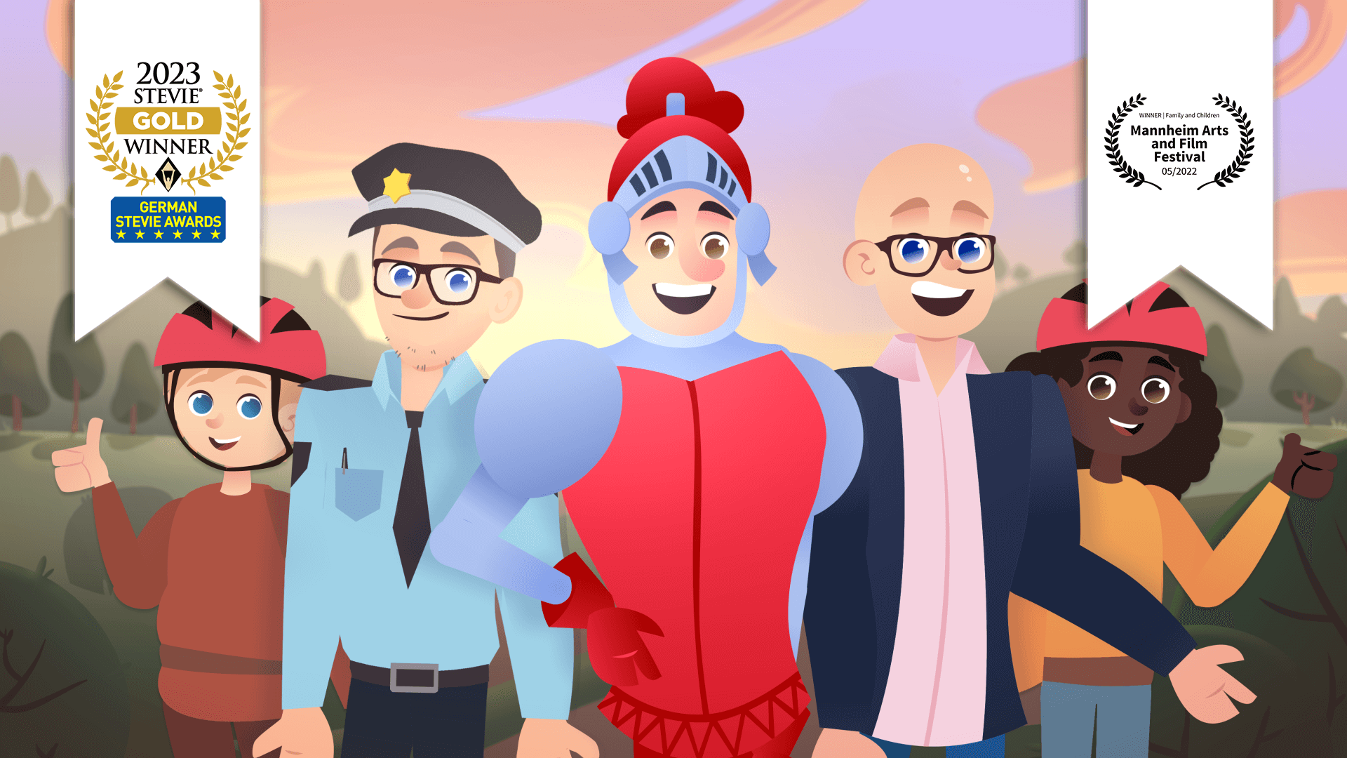 Der rote Ritter und seine Freunde sind auf dem Bild, zusammen mit zwei gewonnenen Auszeichnungen.