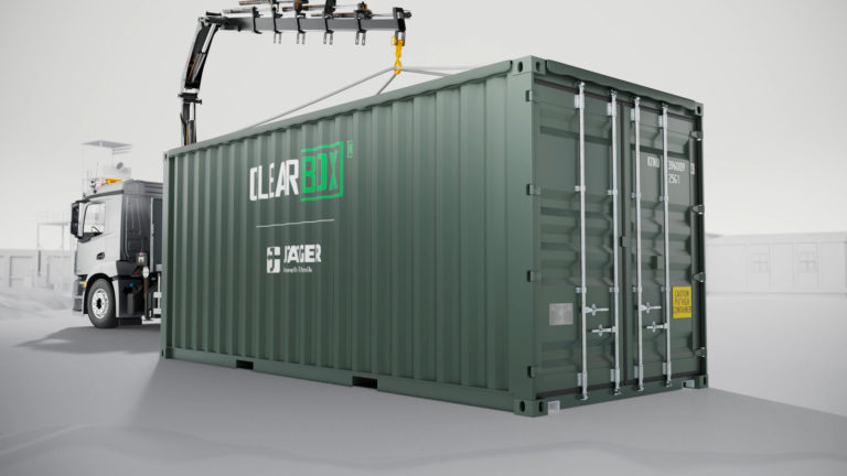 Die mobile Kläranlage wird geliefert. 3D-Animation aus dem Produktvideo von der Werbeagentur creanovo in Hannover.