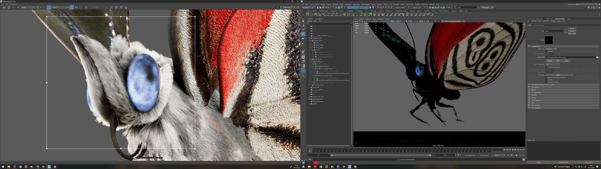 Eine Nahaufnahme einer 3D Animation des Schmetterlings und daneben das Programm in dem es gemacht wird.
