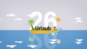Eine tropische Insel mit Palmen und dem Schriftzug 26 Urlaubstage in Comic-Schrift.