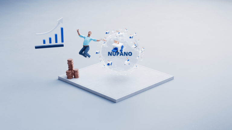 Ein Charakter springt vor Begeisterung hoch. Die 3D-Animation zum Thema Lenze SE Nupano verdeutlicht mit zusätzlichen Münzen und Graphen mit wachsender Tendenz die Vorteile des Produkts.