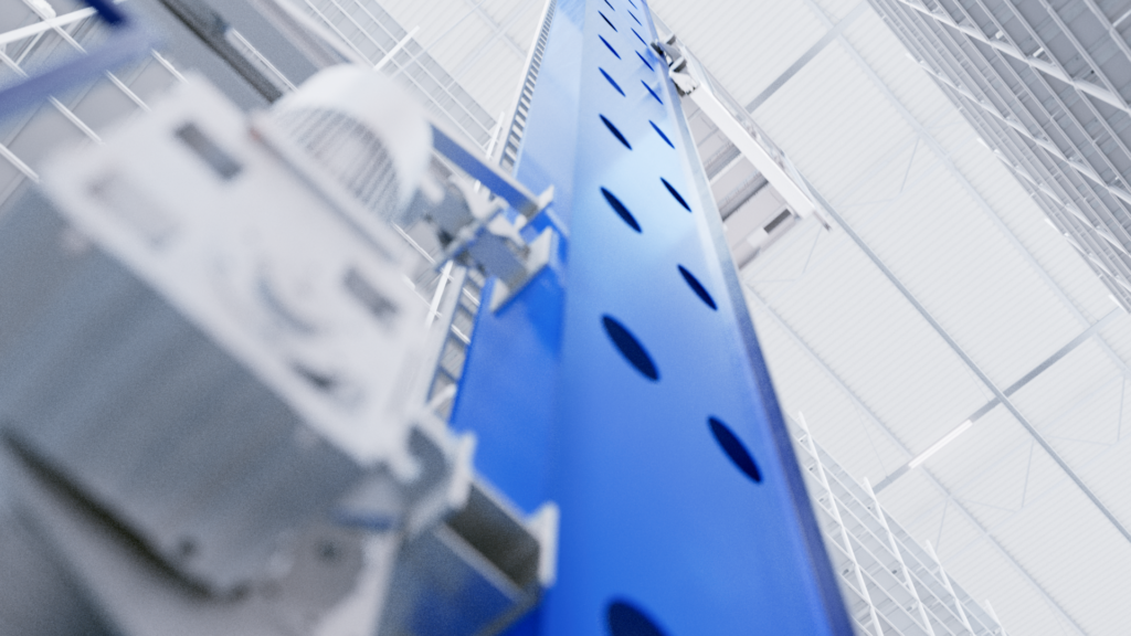 Eine 3D-Animation, die den Blick vom Boden zur Hallendecke zeigt und das Produkt von Lenze SE bei der Arbeit zeigt.