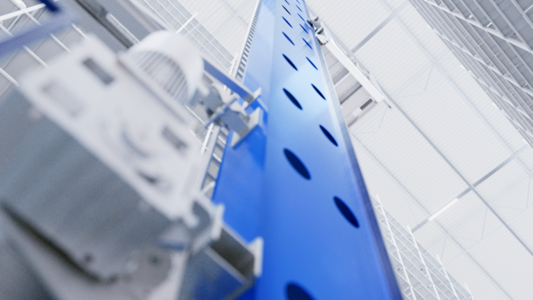 Eine 3D-Animation, die den Blick vom Boden zur Hallendecke zeigt und das Produkt von Lenze SE bei der Arbeit zeigt.