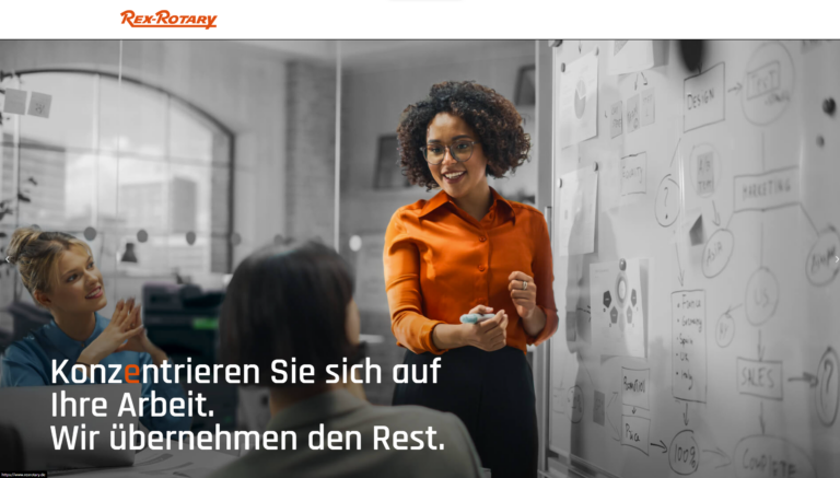 RexRotary – Das neue Webdesign der Startseite mit einem großen Headerbild auf der ein Meeting abgehalten wird.